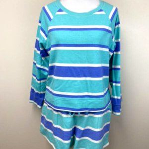 Wildfox L Aqua Blue White Stripe Pajama Lounge Set Sweatshirt Shorts